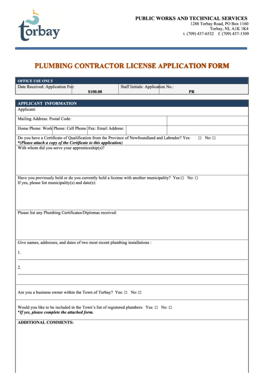 Plumbing Contractor License Application Form City Of Torbay Printable