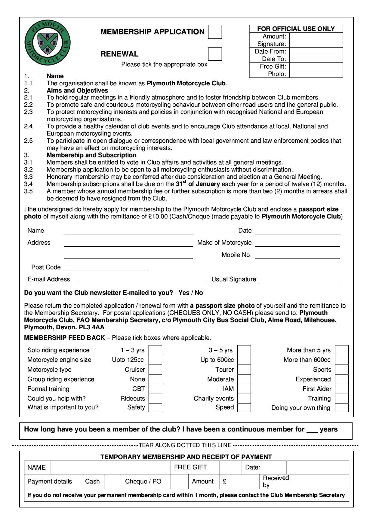 Plymouth Motorcycle Club Application Form By Plymouth Motorcycle Club