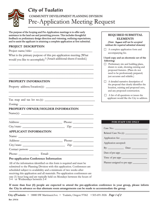 Pre Application Meeting Request Form City Of Tualatin Community 