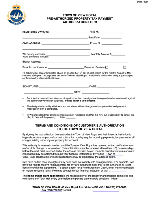 Pre Authorized Property Tax Payment Application Form Printable Pdf Download