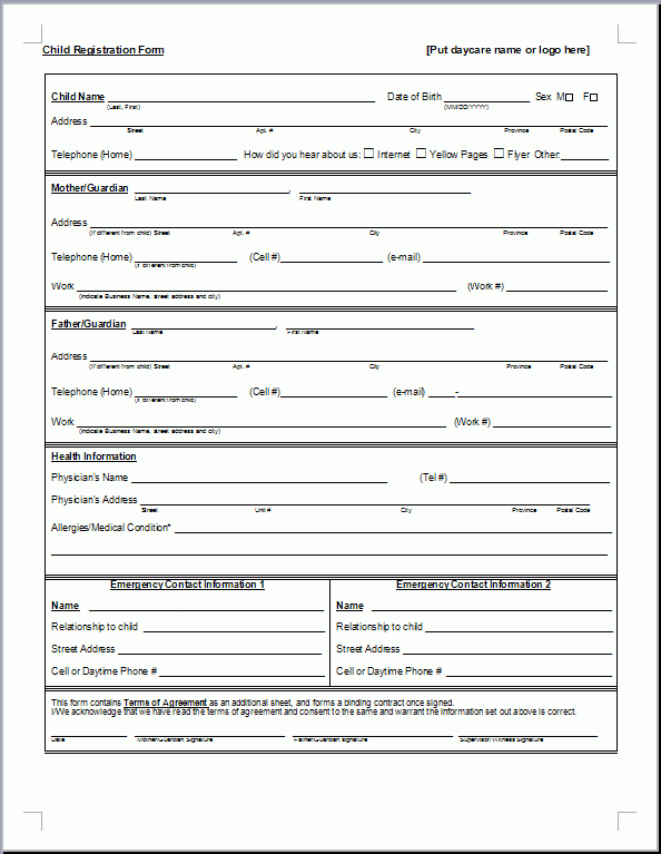 Preschool Registration Form Template Daycare Business Plan Daycare 