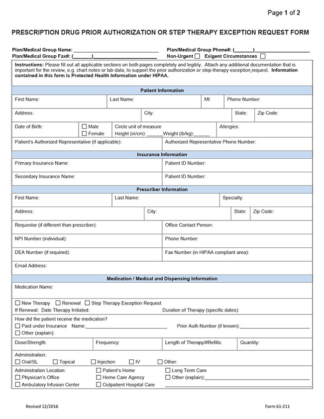 Prescription Drug Prior Authorization Or Step Therapy Exception Request 