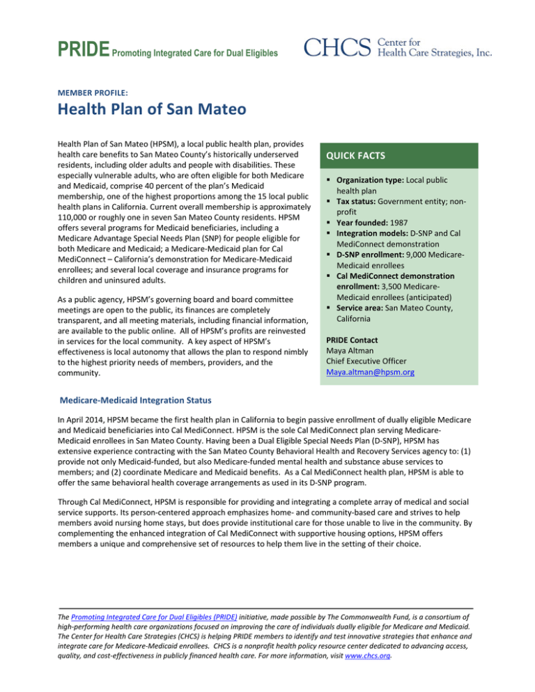 PRIDE Health Plan Of San Mateo Promoting Integrated Care For Dual Eligibles