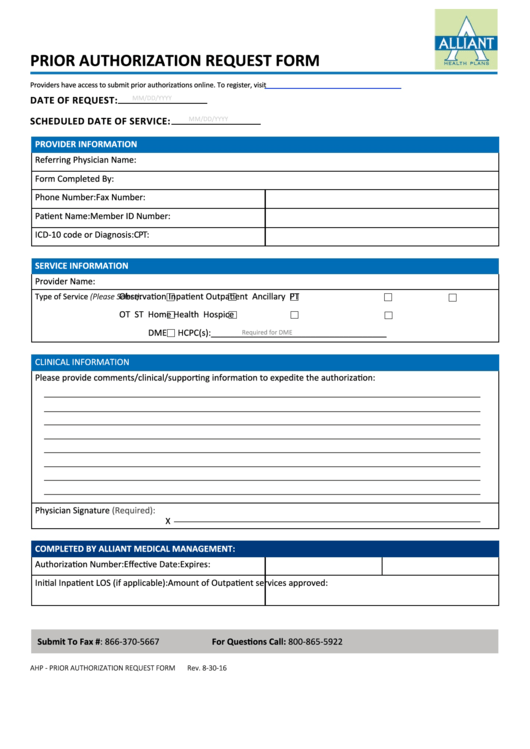 Prior Authorization Request Form Alliant Health Plans Printable Pdf