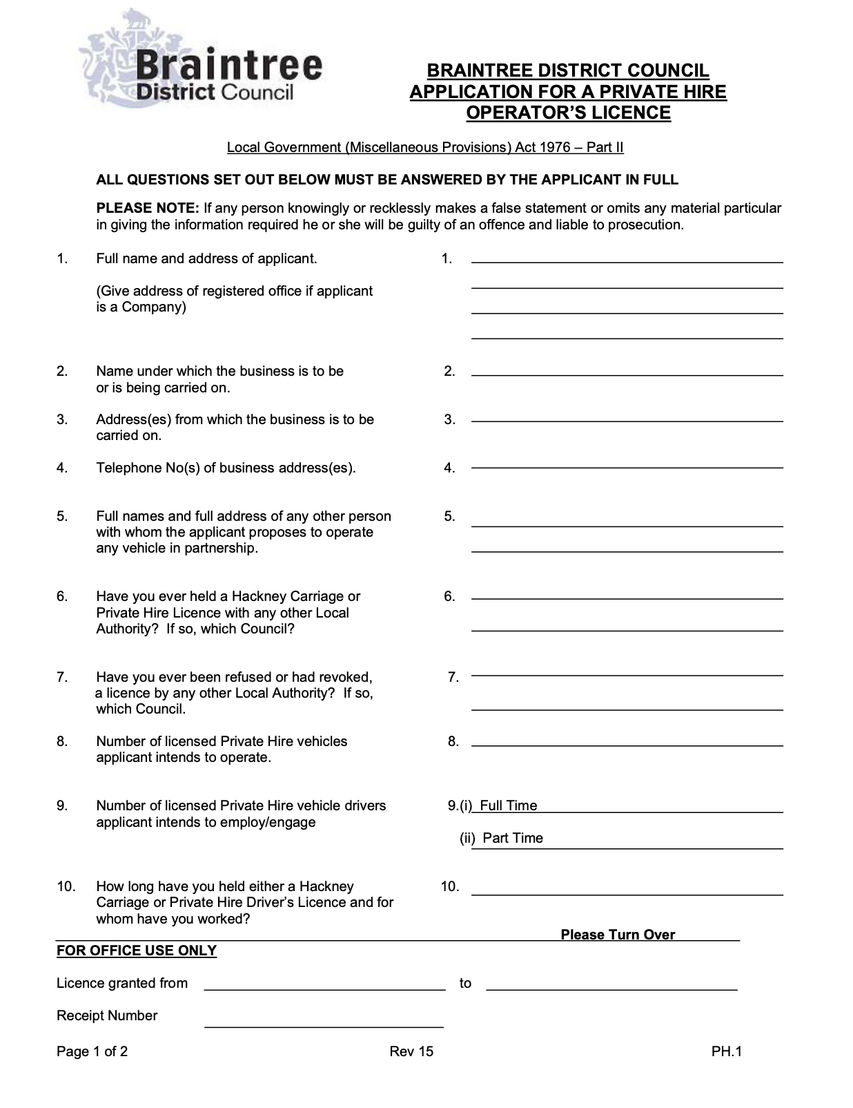 Private Hire Operator Application Form Braintree District Council