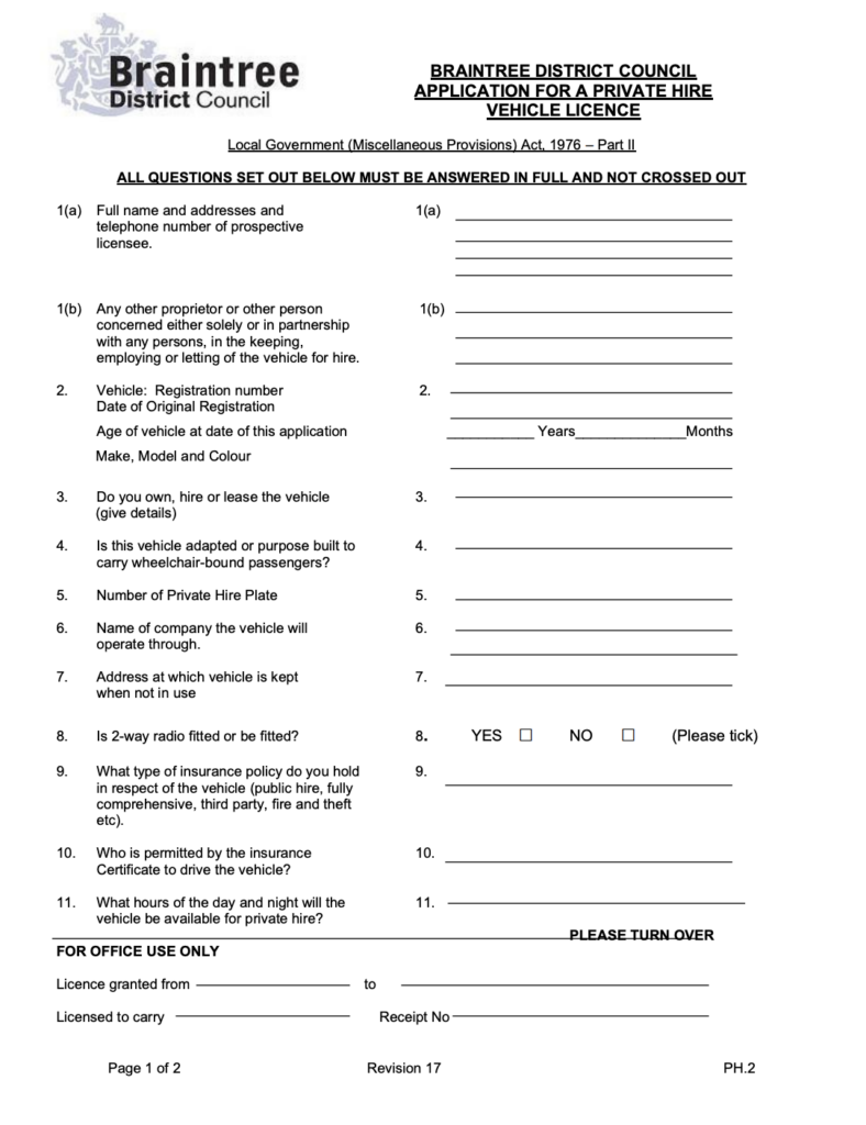 Private Vehicle Hire Application Form Braintree District Council