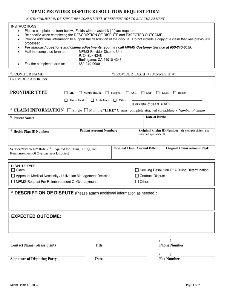 Provider Dispute Resolution Request Form Blank Fill Out And Sign