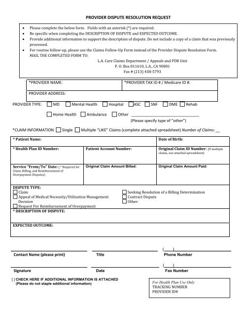 Provider Dispute Resolution Request Form LA Care Health Plan