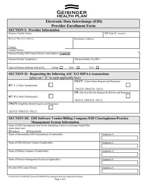 Provider Enrollment Form Geisinger Health Plan