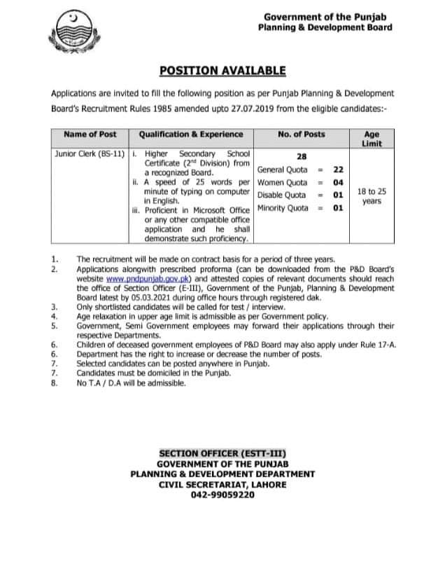 Punjab Govt Junior Clerk Jobs 2021 Planning And Development Department 