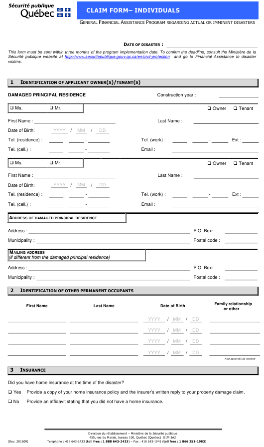 Quebec Canada Claim Form Individuals Download Printable PDF 