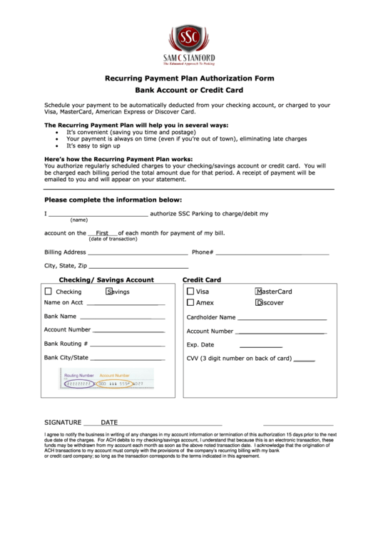 Recurring Payment Plan Authorization Form Printable Pdf Download