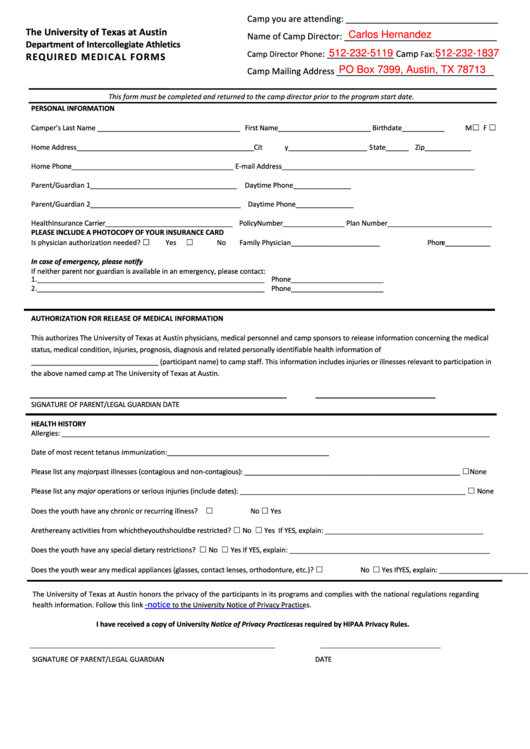 Required Medical Forms University Of Texas At Austin Printable Pdf Download