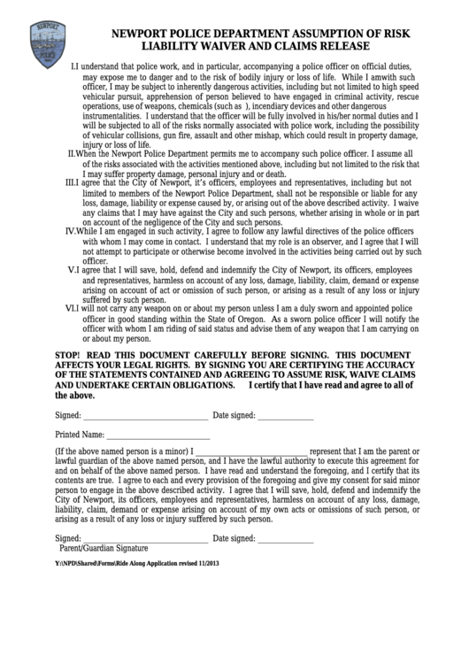 Ride Along Application Form liability Waiver And Claims Release 