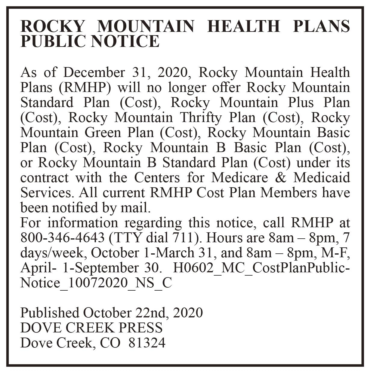 ROCKY MOUNTAIN HEALTH PLANS Dove Creek Press