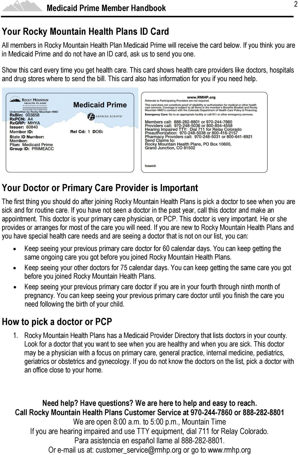 Rocky Mountain Health Plans Medicaid Prime Member Handbook Pdf