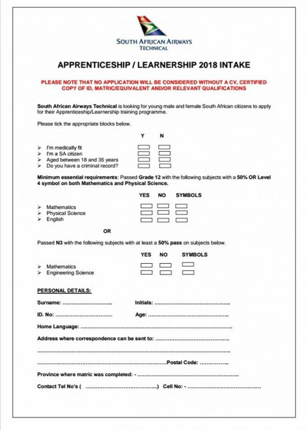 SAA Technical Apprenticeships Learnerships 2018 2019 Internships 