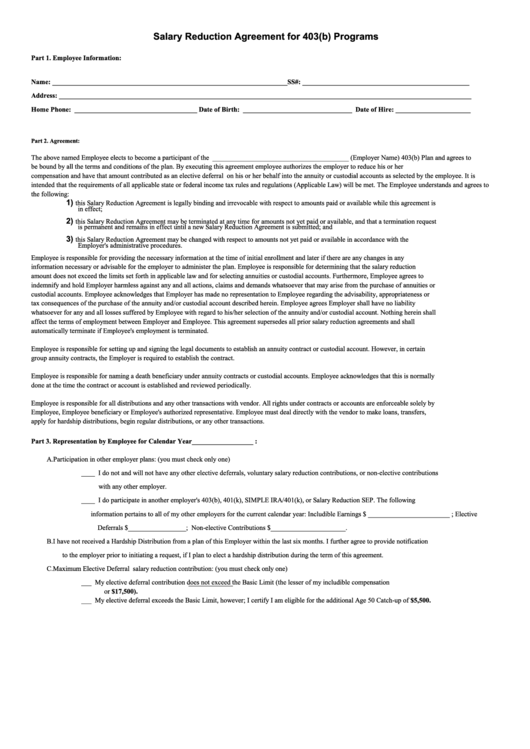 Salary Reduction Agreement For 403 B Programs Printable Pdf Download