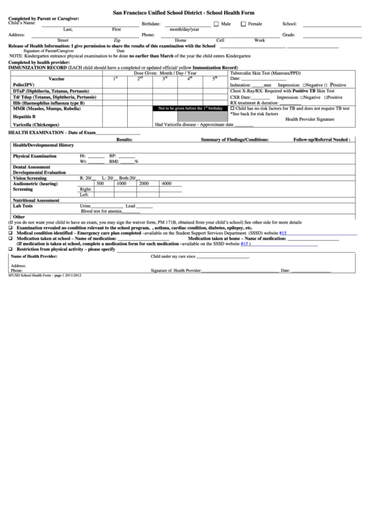 San Francisco School Health Form Printable Pdf Download