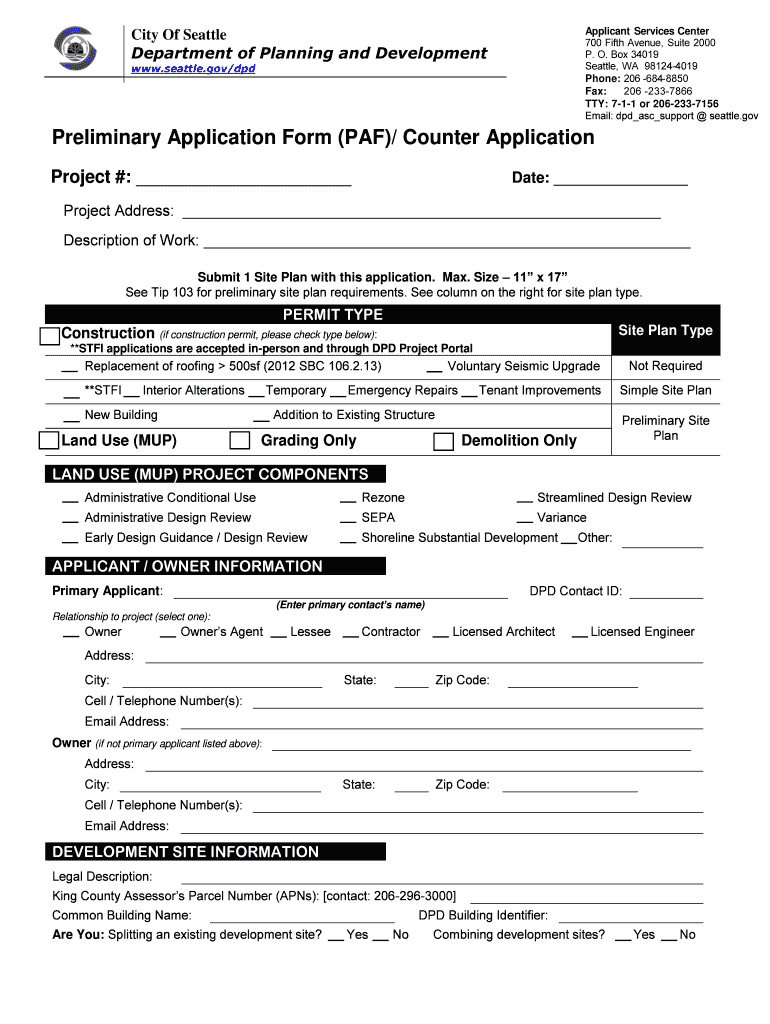 Seattle DPD Form Preliminary Application Form City Of Seattle