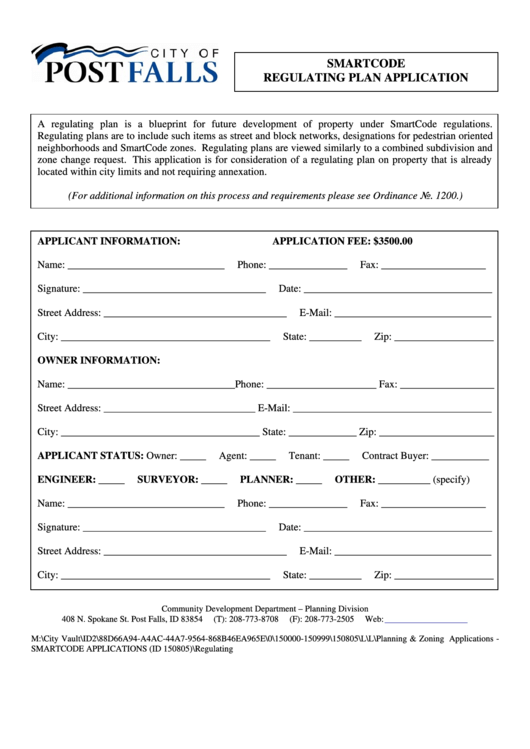 Smart Code Regulating Plan Application Form Printable Pdf Download