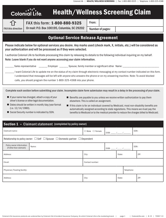 South Carolina Health Wellness Screening Claim Form Colonial Life 