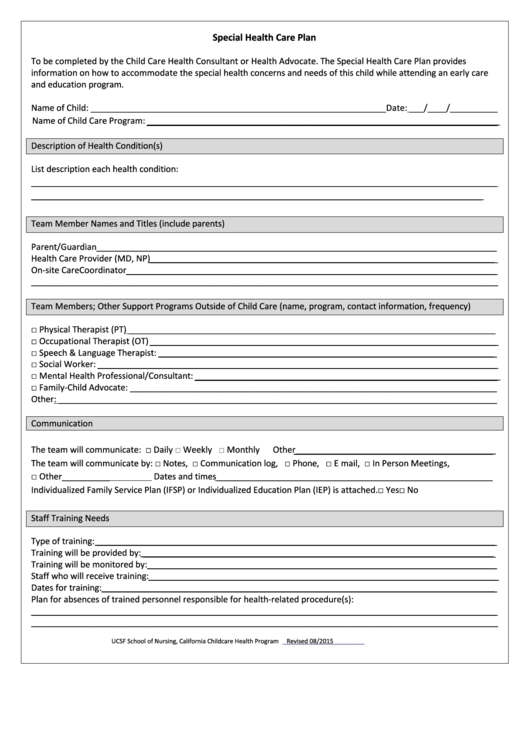 Special Health Care Plan Template Printable Pdf Download