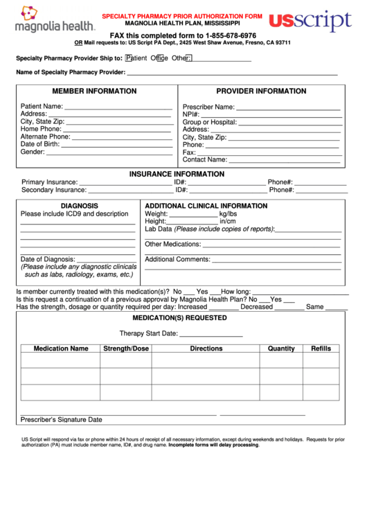 Specialty Pharmacy Prior Authorization Form Printable Pdf Download