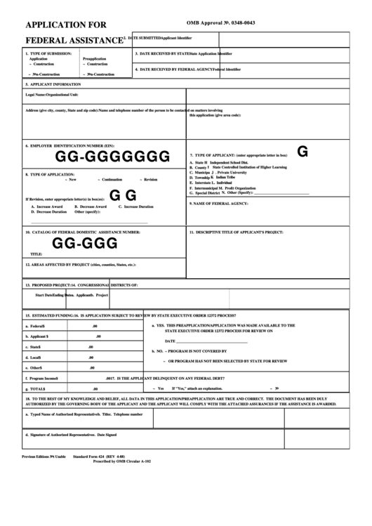 Standard Form 424 Application For Federal Assistance