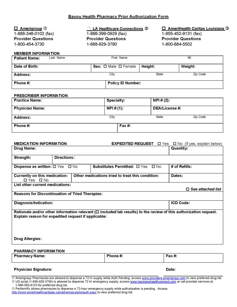 Standard Pharmacy Prior Authorization Form For Prepaid Health Plans 