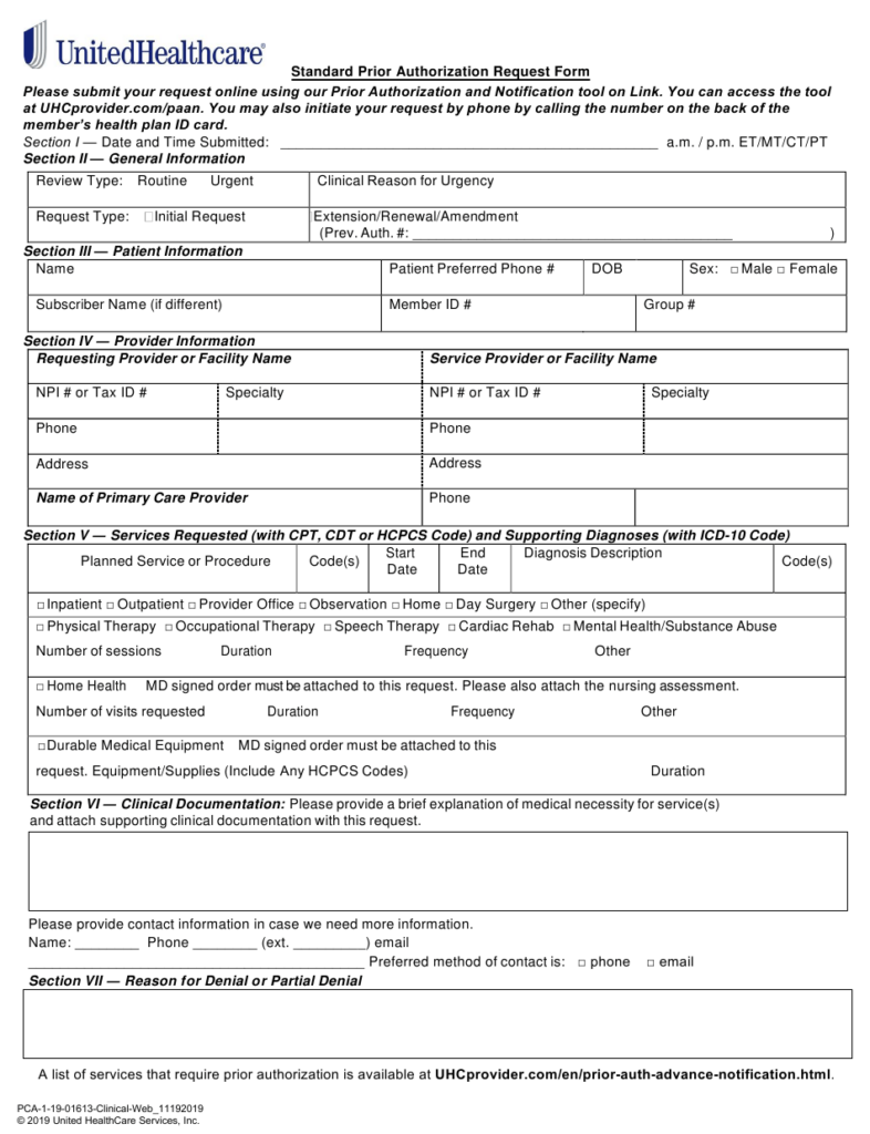 Standard Prior Authorization Request Form Unitedhealthcare Download 