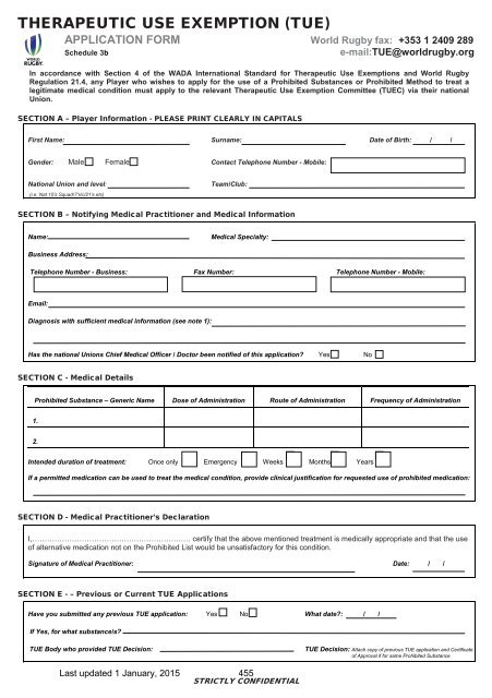 Standard TUE Application Form Keep Rugby Clean
