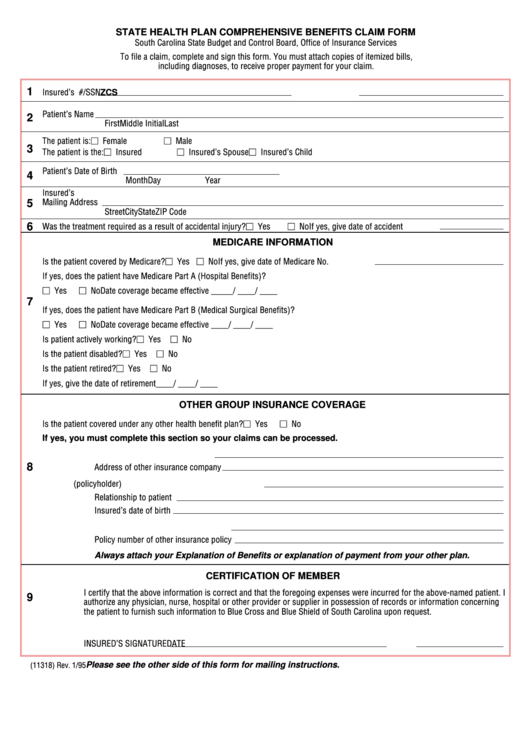 State Health Plan Comprehensive Benefits Claim Form Printable Pdf Download