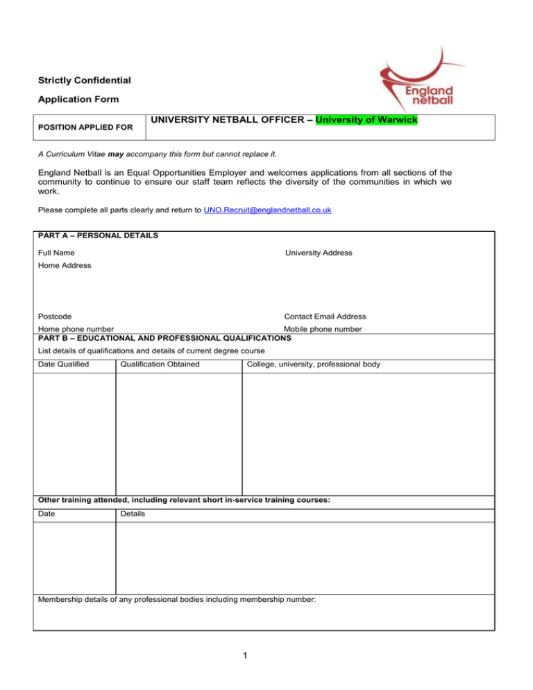 Strictly Confidential Application Form University Of Warwick