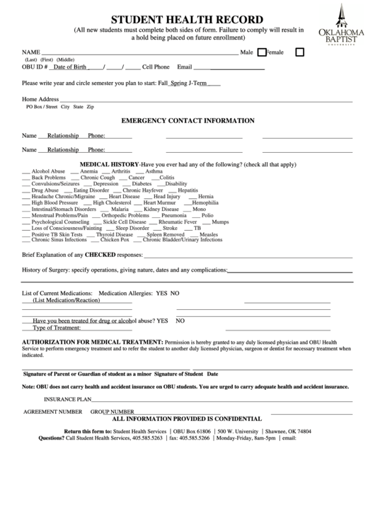 Student Health Record Form Printable Pdf Download