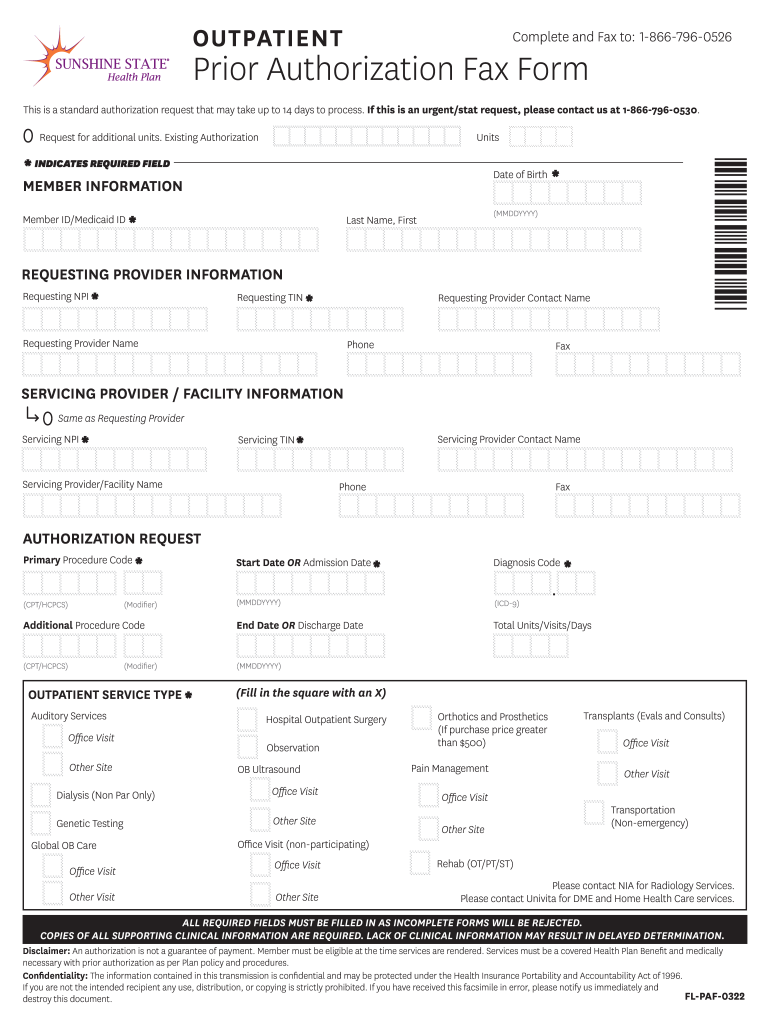 Submit Prior Authorizatino Sunshine Medicaid Fill Online Printable 