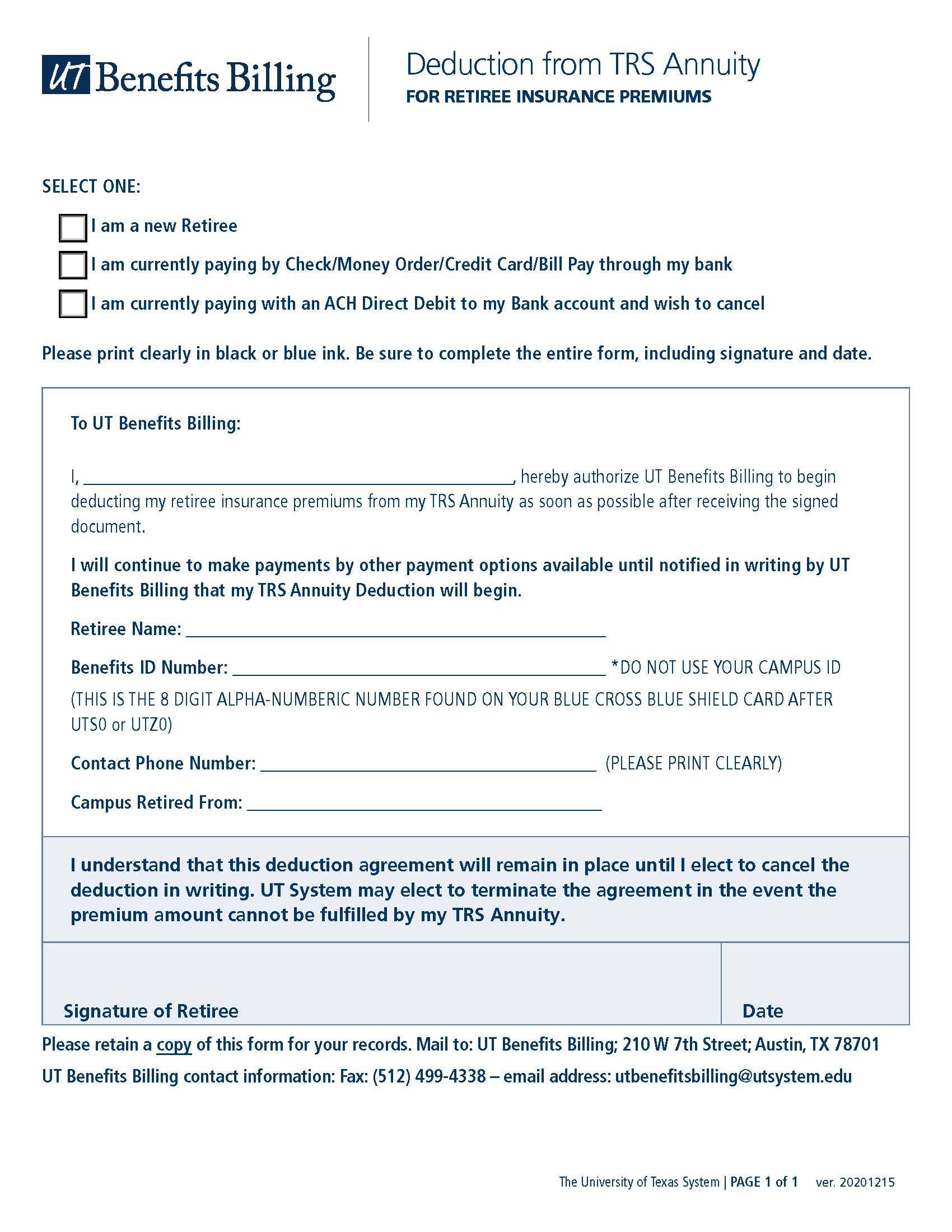 TRS Annuity Deduction Form University Of Texas System