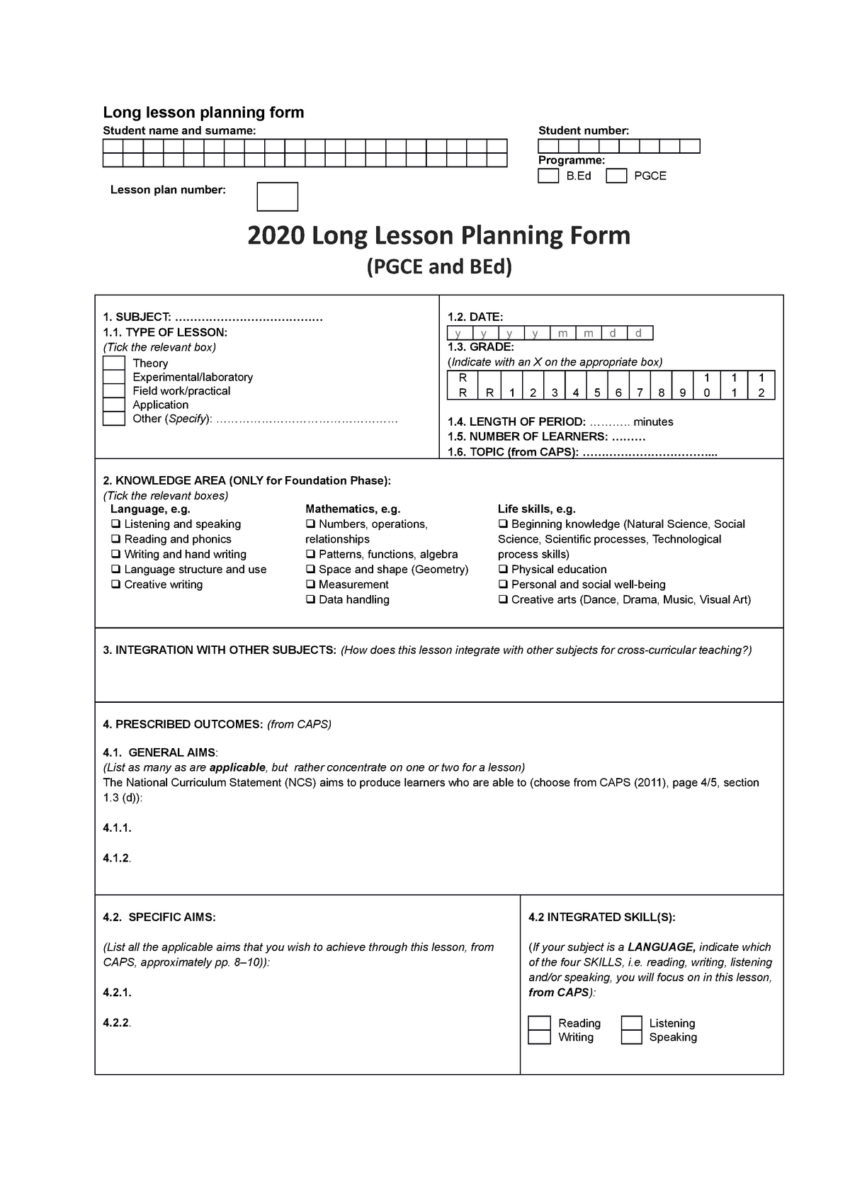 TUKS Long Lesson Planning Form BEd And PGCE StuDocu