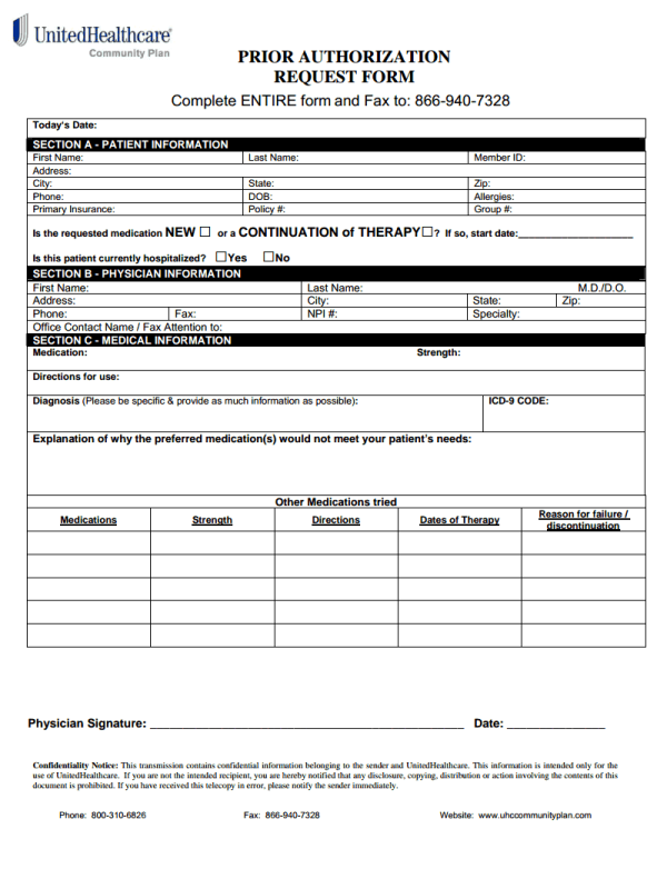 UHC Prior Authorization Form Free Job Application Form