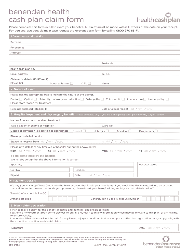 UK Benenden Health Cash Plan Claim Form Fill And Sign Printable 
