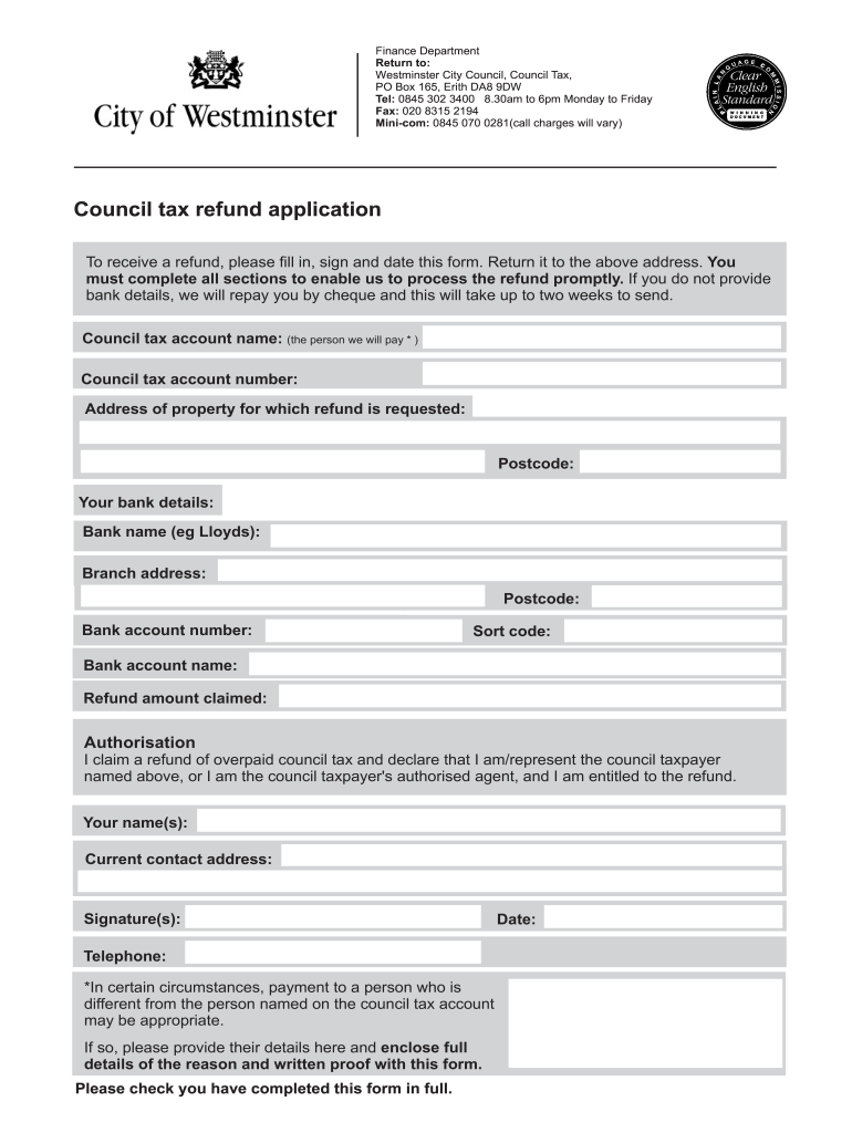 UK Council Tax Refund Application City Of Westminster Fill And Sign 