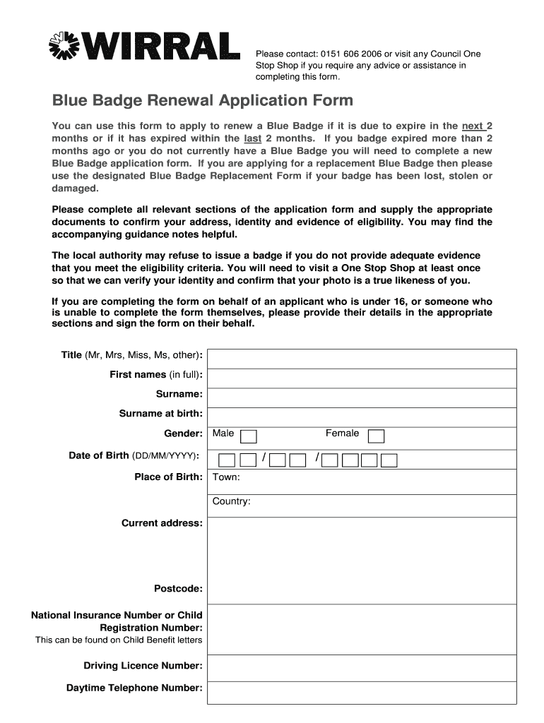 UK Wirral Blue Badge Renewal Application Form Fill And Sign Printable 