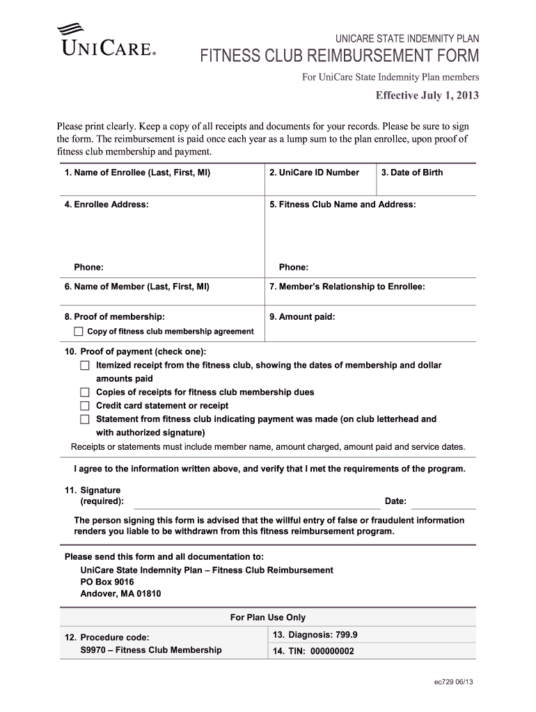 Unicare Fitness Reimbursement Fill Out And Sign Printable PDF 