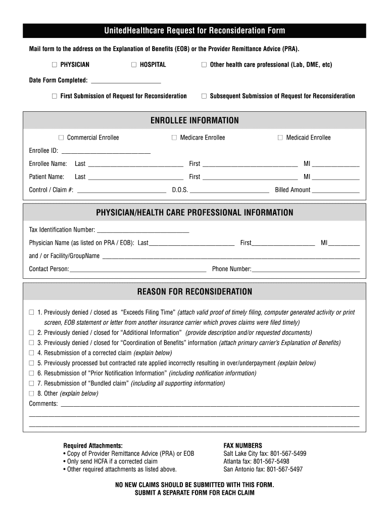 United Healthcare Reconsideration Form Fill Out And Sign Printable