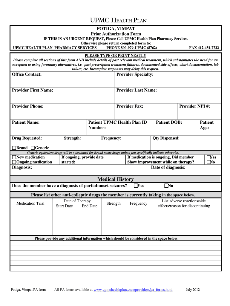 UPMC Health Plan Prior Authorization Form 2012 Fill And Sign