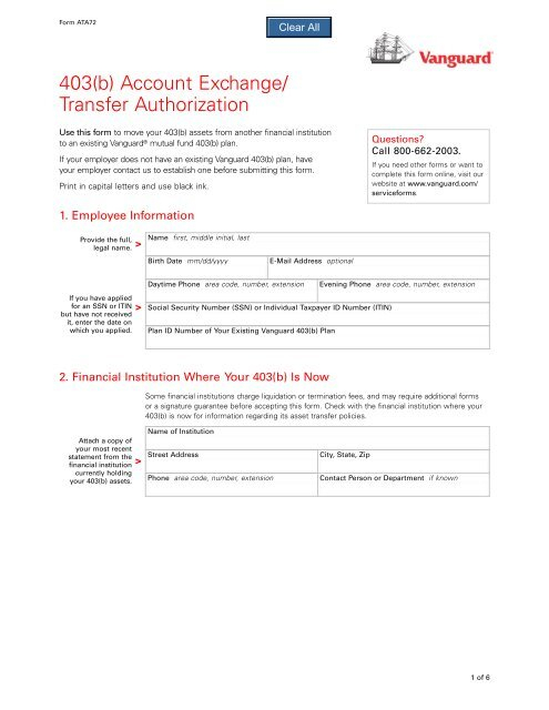 Vanguard 403 b 7 Account Asset Transfer Authorization