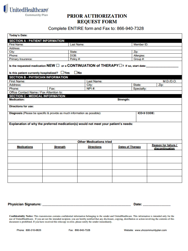 Various United Healthcare Prior Authorization Fax Form For Your 