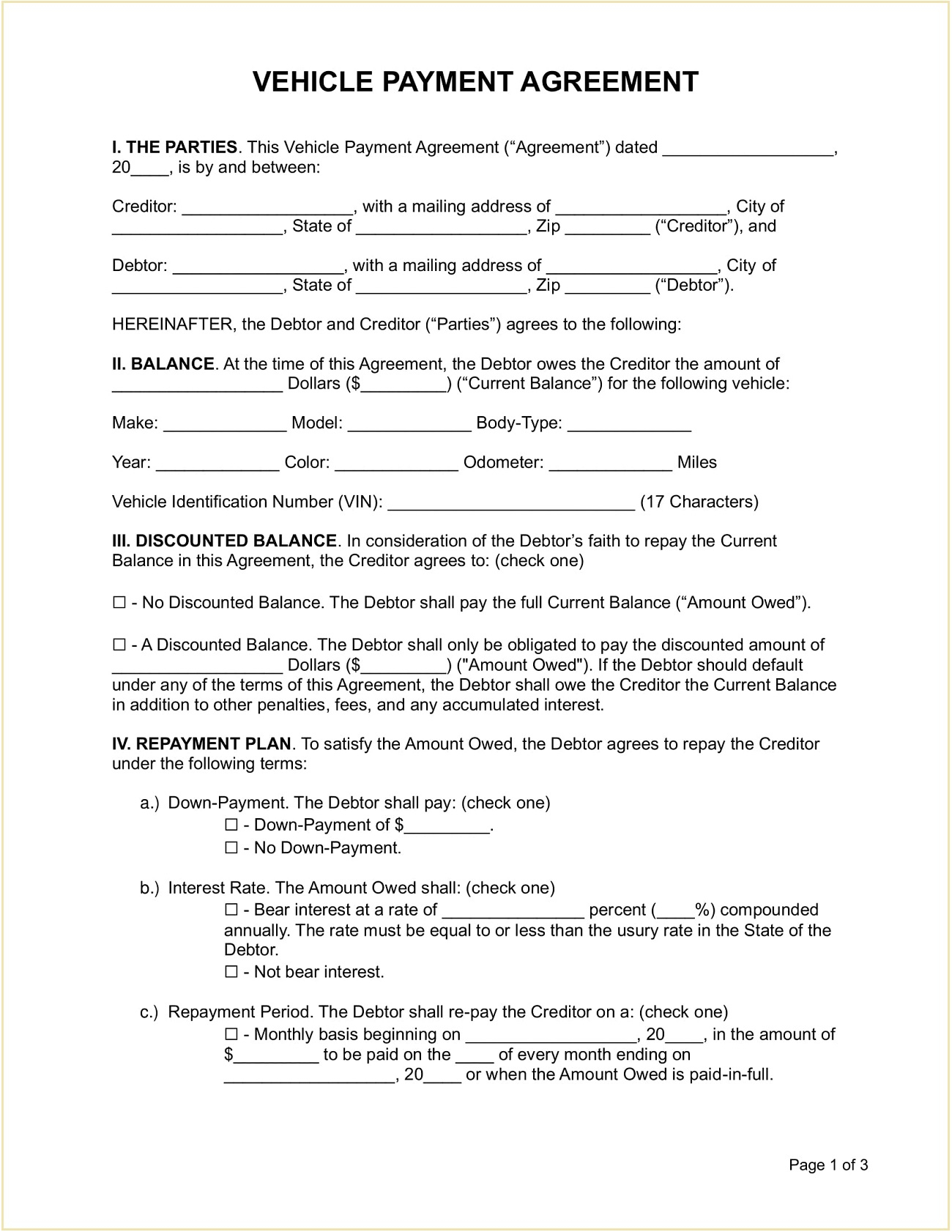 Vehicle Payment Plan Installment Agreement Template Sample