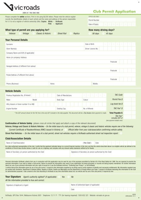 VicRoads Club Permit Application Feb2011 MG Car Club Of Geelong