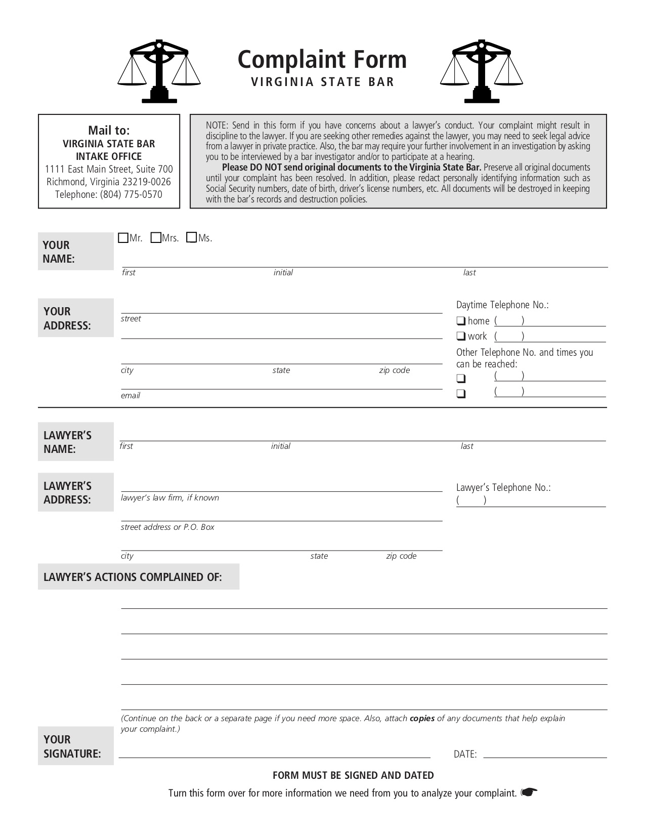 Virginia state bar complaint form blank Need To Impeach